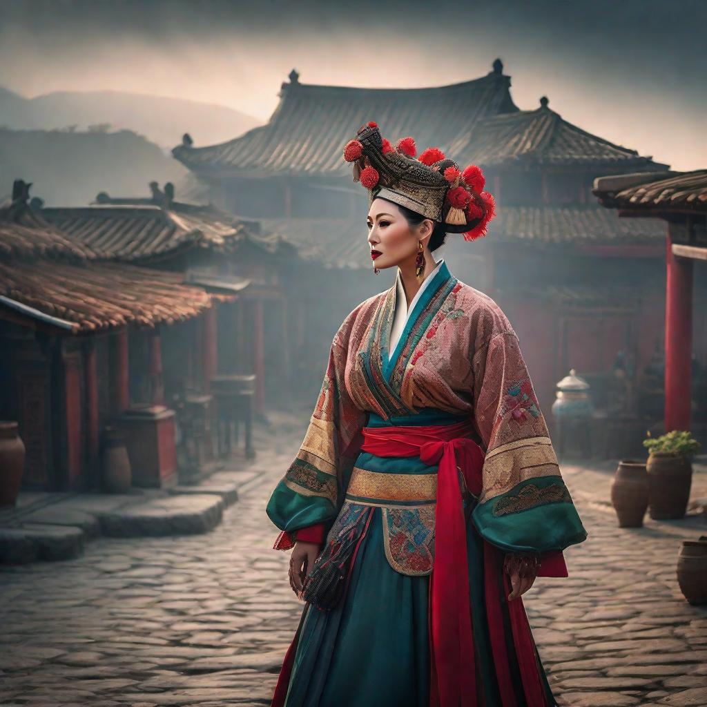  Pueblo antigua china hyperrealistic, full body, detailed clothing, highly detailed, cinematic lighting, stunningly beautiful, intricate, sharp focus, f/1. 8, 85mm, (centered image composition), (professionally color graded), ((bright soft diffused light)), volumetric fog, trending on instagram, trending on tumblr, HDR 4K, 8K