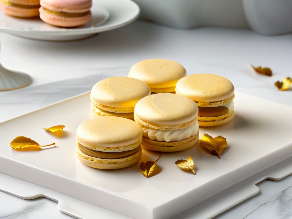  An ultradetailed closeup photograph of a delicate almond flour macaron with a perfectly smooth, glossy surface, showcasing intricate ridges and a shimmer of edible gold leaf dusting. The macaron is elegantly placed on a sleek, modernist plate with a subtle reflection, set against a softfocus background that hints at a stylish kitchen environment with hints of marble countertops and muted pastel tones. The image captures the luxurious essence of almond flour as a premium alternative, inviting the viewer to appreciate the artistry and sophistication of gourmet baking. hyperrealistic, full body, detailed clothing, highly detailed, cinematic lighting, stunningly beautiful, intricate, sharp focus, f/1. 8, 85mm, (centered image composition), (professionally color graded), ((bright soft diffused light)), volumetric fog, trending on instagram, trending on tumblr, HDR 4K, 8K