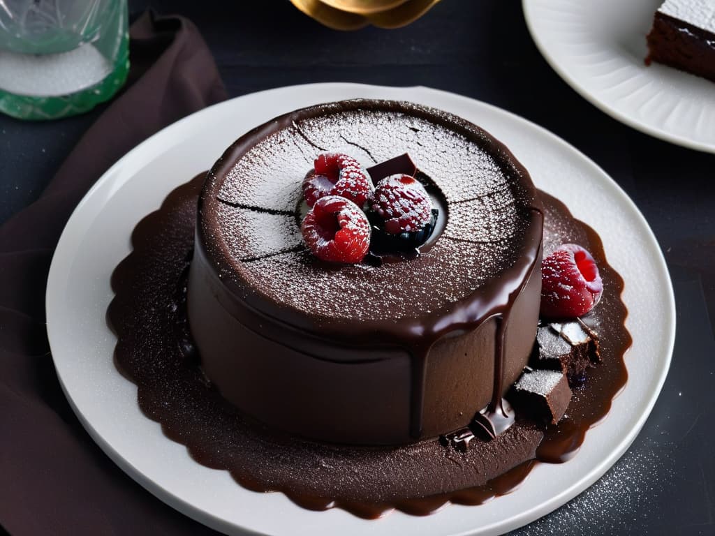  An ultradetailed image of a decadent dark chocolate lava cake being cut open, revealing a rich, molten chocolate center oozing out onto a sleek, minimalist white plate. The cake is garnished with a dusting of powdered sugar, a single fresh raspberry, and a delicate mint leaf for a pop of color against the dark chocolate backdrop. The image is captured at a high angle to showcase the glossy texture of the cake and the luscious flow of the chocolate lava, creating a visually stunning and mouthwatering scene. hyperrealistic, full body, detailed clothing, highly detailed, cinematic lighting, stunningly beautiful, intricate, sharp focus, f/1. 8, 85mm, (centered image composition), (professionally color graded), ((bright soft diffused light)), volumetric fog, trending on instagram, trending on tumblr, HDR 4K, 8K