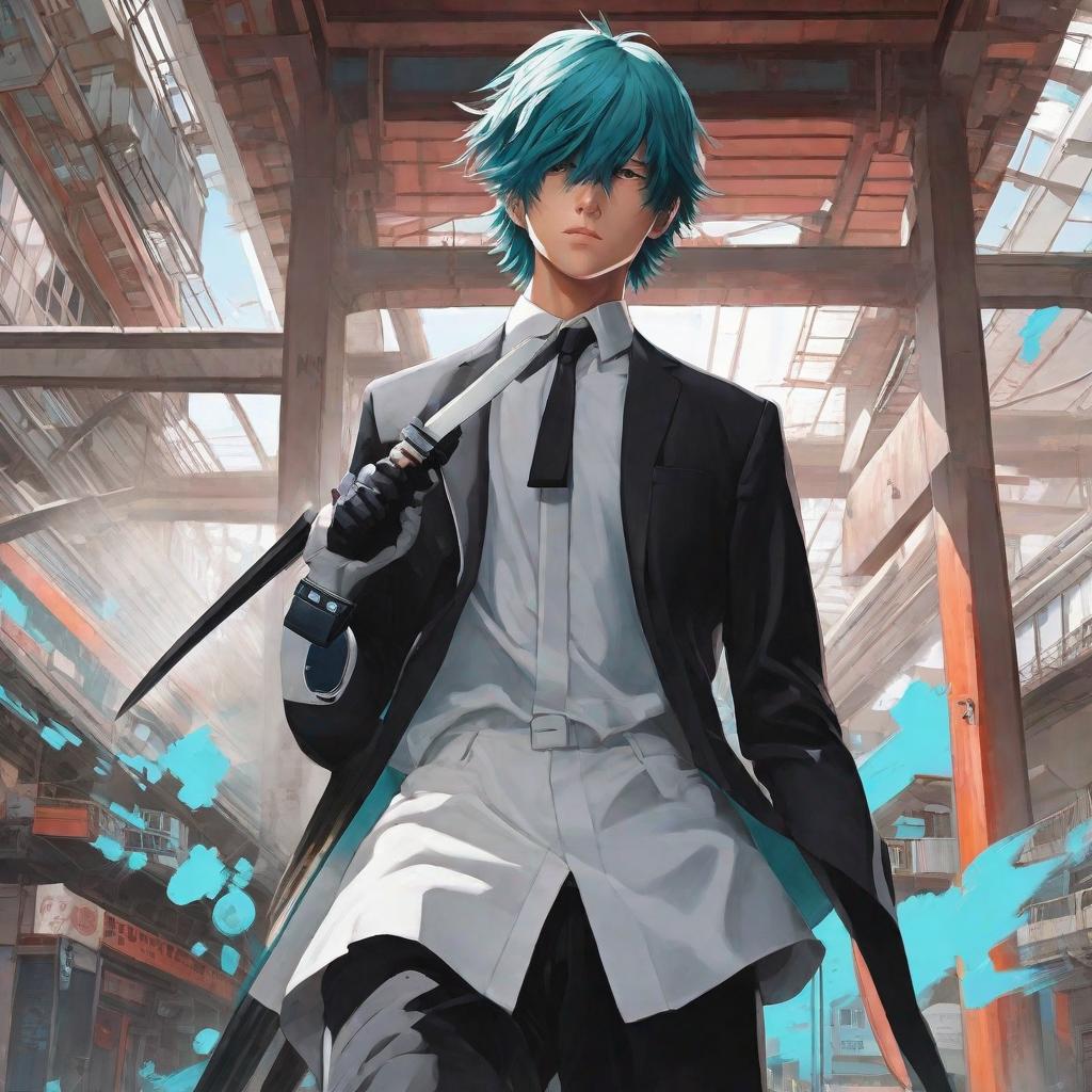  masterpiece, best quality,White color, cyan embellishment, two-dimensional painting, reference anime chainsaw man. Modern society, high-rise roof, a high youth, wearing a black uniform. He holds a game console, waist is a samurai sword.