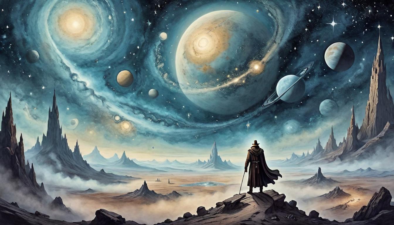  on parchment, surrealism+++, A robed explorer standing at the edge of a vast, celestial void, stars and galaxies scattered around, pioneer and visionary, endless journey, cosmic and grand(mysterious, provocative, symbolic,muted color)+++