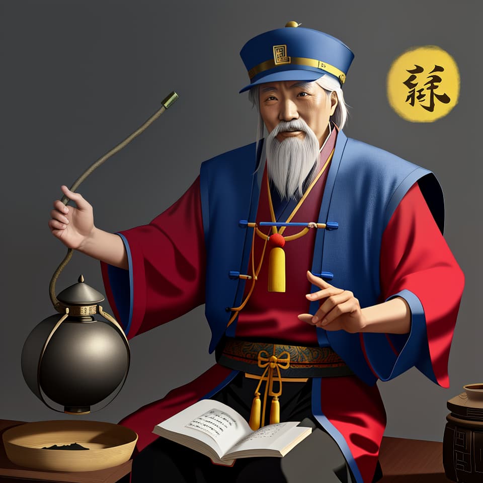  Ancient Chinese alchemist old man, wearing Taoist hat, Xianxiafeng