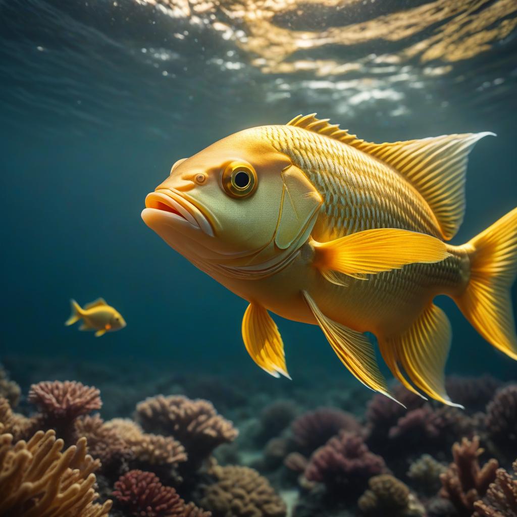  A golden fish in the ocean. hyperrealistic, full body, detailed clothing, highly detailed, cinematic lighting, stunningly beautiful, intricate, sharp focus, f/1. 8, 85mm, (centered image composition), (professionally color graded), ((bright soft diffused light)), volumetric fog, trending on instagram, trending on tumblr, HDR 4K, 8K