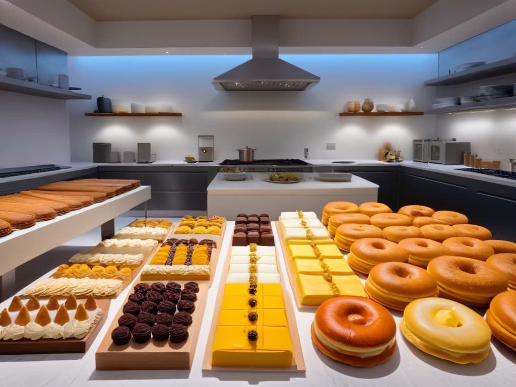  An ultradetailed image of a sleek, modern kitchen filled with an array of colorful and beautifully decorated pastries. The pastries are meticulously arranged on marble countertops, showcasing intricate designs and vibrant colors that catch the eye. The overall aesthetic is clean, elegant, and visually appealing, making it the perfect backdrop for discussions on influencer marketing for a bakery. hyperrealistic, full body, detailed clothing, highly detailed, cinematic lighting, stunningly beautiful, intricate, sharp focus, f/1. 8, 85mm, (centered image composition), (professionally color graded), ((bright soft diffused light)), volumetric fog, trending on instagram, trending on tumblr, HDR 4K, 8K