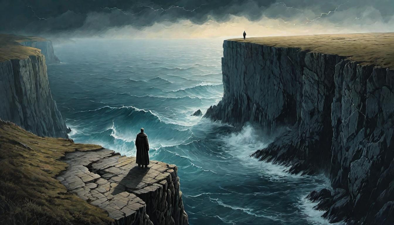  （surrealism)A lone figure casting aside a cracked mask at the edge of a cliff, overlooking a tumultuous sea, symbolizing self betrayal and the recognition of one's true values, cliff rugged and windswept, sea stormy and relentless, moment of revelation, casting away falsehood mystic, intricate details, best quality)