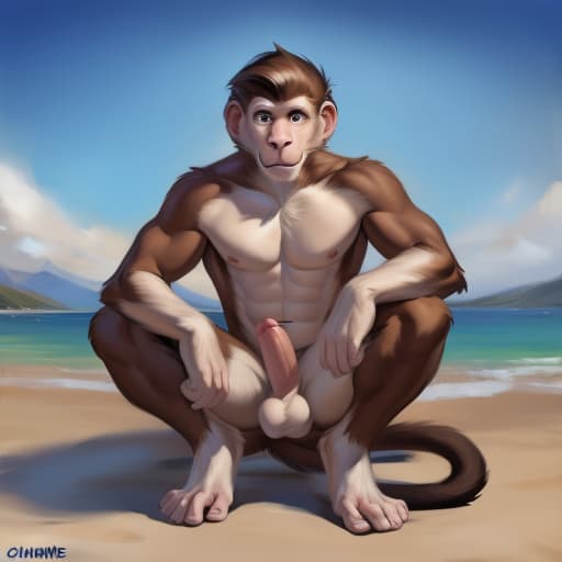  by chunie, by meesh, solo, feral, male monkey, anatomically correct monkey, anatomically correct penis, balls, muscular, slim body, detailed pupils, open eyes, human penis:1.3, solo focus, masterpiece, anatomically correct monkey feet, (front view, showing feet), open eyes, digital art, masterpiece, 4k, fine details,