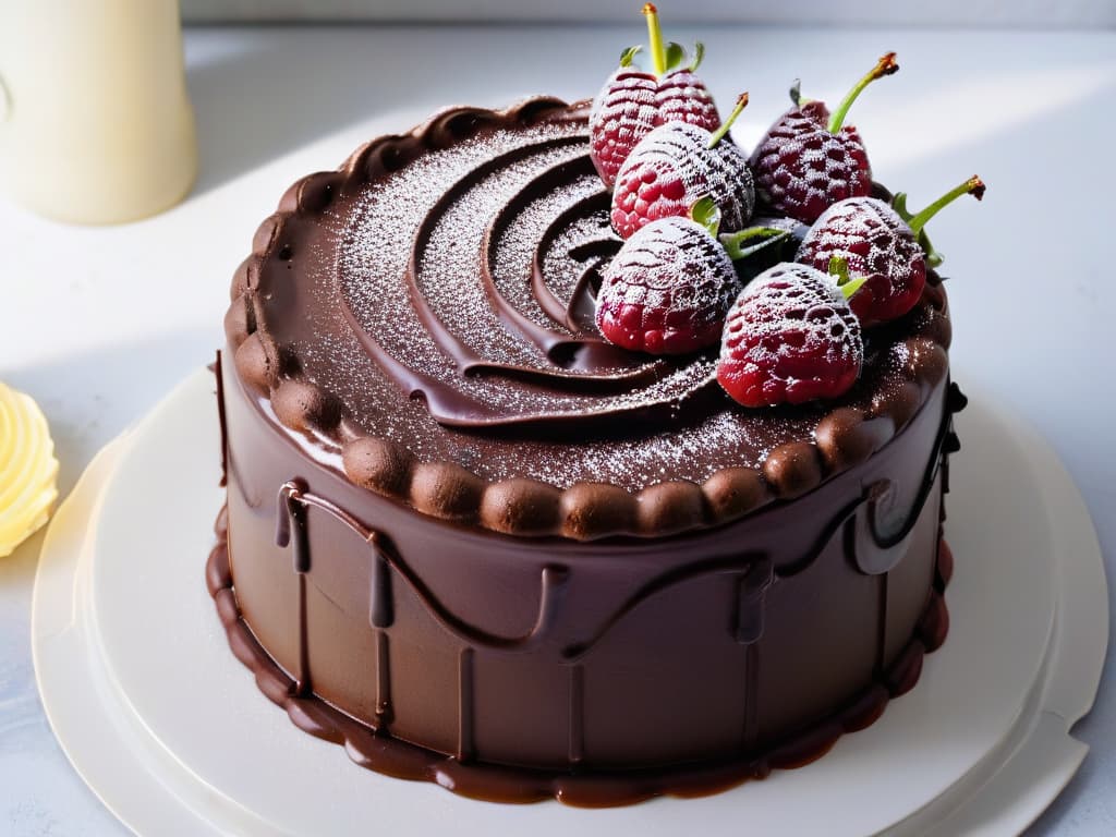  An ultradetailed closeup shot of a perfectly styled vegan chocolate cake topped with fresh raspberries and drizzled with golden agave syrup, set on a sleek, white marble platter. The glossy chocolate ganache glimmers under soft lighting, emphasizing the intricate swirls and the vibrant red of the raspberries, creating a visually stunning and appetizing image perfect for a vegan baking conclusion. hyperrealistic, full body, detailed clothing, highly detailed, cinematic lighting, stunningly beautiful, intricate, sharp focus, f/1. 8, 85mm, (centered image composition), (professionally color graded), ((bright soft diffused light)), volumetric fog, trending on instagram, trending on tumblr, HDR 4K, 8K