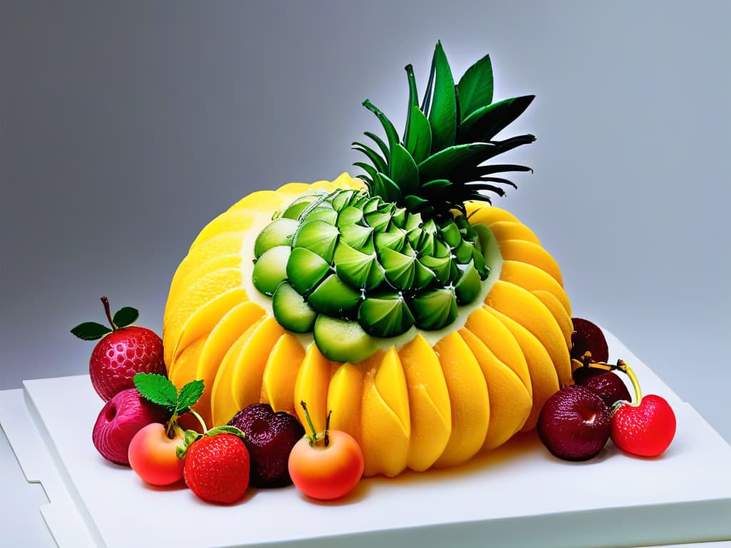  An ultradetailed, photorealistic image of a vibrant, meticulously sculpted edible fruit creation by Cédric Grolet. The focus is on the intricate details of the fruit's texture, color variations, and the expert craftsmanship that went into its creation. The lighting highlights every curve and facet, emphasizing the artistry and skill behind Grolet's edible sculptures. The background is subtly blurred to keep the attention solely on the stunning edible artwork. hyperrealistic, full body, detailed clothing, highly detailed, cinematic lighting, stunningly beautiful, intricate, sharp focus, f/1. 8, 85mm, (centered image composition), (professionally color graded), ((bright soft diffused light)), volumetric fog, trending on instagram, trending on tumblr, HDR 4K, 8K