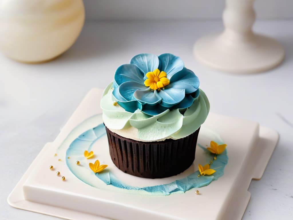  A minimalist image of a beautifully decorated cupcake with intricate frosting swirls, delicate edible flowers, and gold leaf accents, placed on a sleek white marble countertop. The soft natural light gently illuminates the cupcake, highlighting its exquisite details and craftsmanship. The background is blurred to emphasize the elegant simplicity of the dessert, creating a visually appealing and sophisticated composition that embodies the artistry of thematic branding in the pastry industry. hyperrealistic, full body, detailed clothing, highly detailed, cinematic lighting, stunningly beautiful, intricate, sharp focus, f/1. 8, 85mm, (centered image composition), (professionally color graded), ((bright soft diffused light)), volumetric fog, trending on instagram, trending on tumblr, HDR 4K, 8K