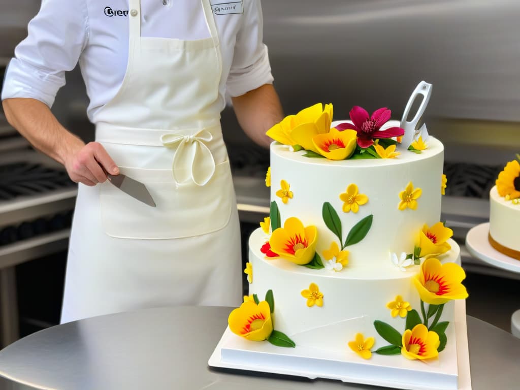  An ultradetailed, photorealistic image of a renowned pastry chef meticulously crafting a delicate and elaborate wedding cake masterpiece. The chef is focused, wearing a crisp white apron and chef's hat, surrounded by an array of colorful fondant, edible flowers, and various tools of the trade. The setting is a pristine, sunlit bakery kitchen, with stainless steel countertops gleaming and the faint aroma of vanilla in the air. The scene captures a moment of pure artistry and skill, showcasing the dedication and precision required in the world of online pastry certifications. hyperrealistic, full body, detailed clothing, highly detailed, cinematic lighting, stunningly beautiful, intricate, sharp focus, f/1. 8, 85mm, (centered image composition), (professionally color graded), ((bright soft diffused light)), volumetric fog, trending on instagram, trending on tumblr, HDR 4K, 8K