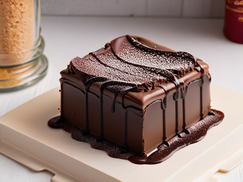  A closeup, photorealistic image of a decadent piece of chocolate fudge topped with a sprinkle of cocoa powder and a drizzle of rich chocolate sauce. The fudge is perfectly cut to showcase its dense, creamy texture, with visible chunks of chocolate and a glossy finish that glistens under the light. The background is softly blurred to keep the focus on the mouthwatering dessert, inviting the viewer to indulge in its intense chocolate flavor. hyperrealistic, full body, detailed clothing, highly detailed, cinematic lighting, stunningly beautiful, intricate, sharp focus, f/1. 8, 85mm, (centered image composition), (professionally color graded), ((bright soft diffused light)), volumetric fog, trending on instagram, trending on tumblr, HDR 4K, 8K