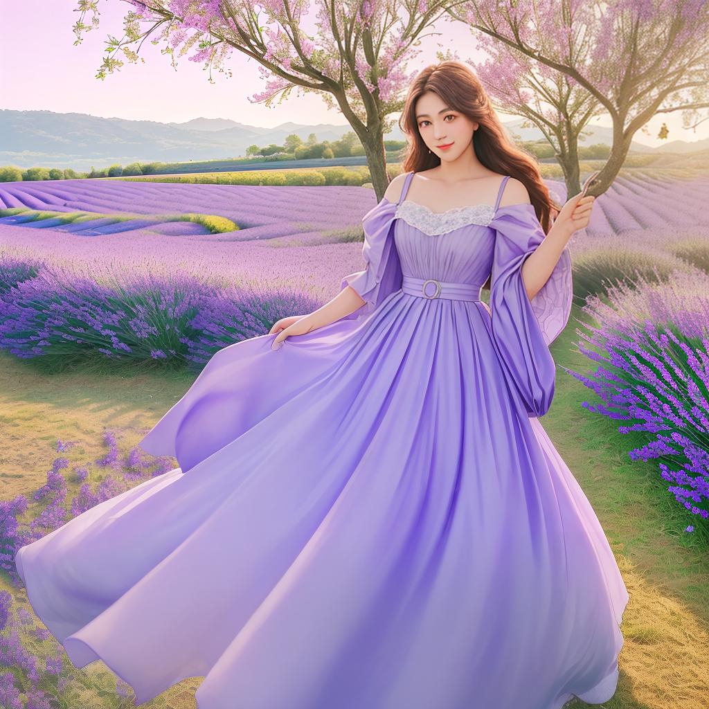  Masterpiece, best quality, a female model wearing a purple sling stands in a lush, blooming lavender field. The soft light of the sunset gently illuminates her face, casting a warm, ethereal glow. The lavender field extends as far as the eye can see, creating a dreamy, romantic atmosphere. The photos are taken in a photo-like style, vibrant colors and complex details, showing the beauty of the model and the natural environment. The image was realized using Fujifilm Pro 400H film, adding nostalgic colors and enhancing the soft tones of lavender fields.