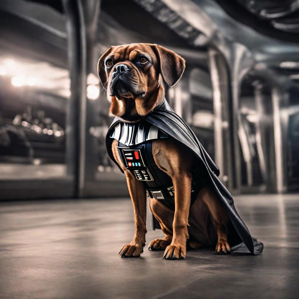  dog in a Darth Vader costume hyperrealistic, full body, detailed clothing, highly detailed, cinematic lighting, stunningly beautiful, intricate, sharp focus, f/1. 8, 85mm, (centered image composition), (professionally color graded), ((bright soft diffused light)), volumetric fog, trending on instagram, trending on tumblr, HDR 4K, 8K