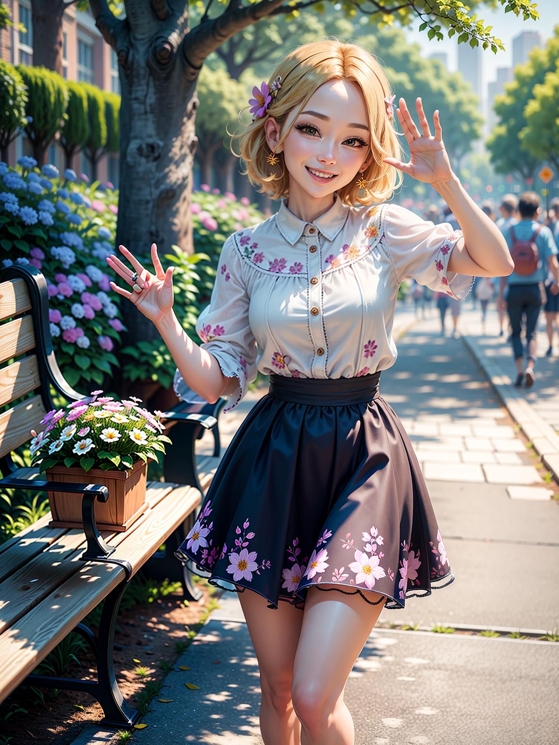  master piece, best quality, ultra detailed, highres, 4k.8k, Happy person, Waving hello to someone, Friendly smile, BREAK Positive greeting, Park, Bench, trees, flowers, birds, BREAK Sunny and cheerful, Warm and inviting ambiance, crystallineAI