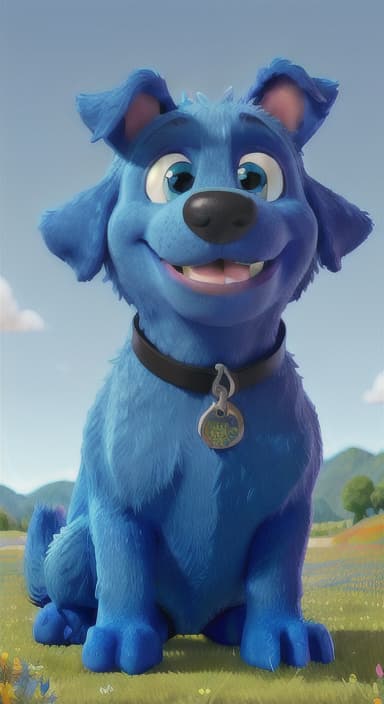  {A happy, big blue dog wagging its tail in a colorful meadow, The big blue dog is large with sky blue fur, big round eyes, a black nose, and floppy ears.