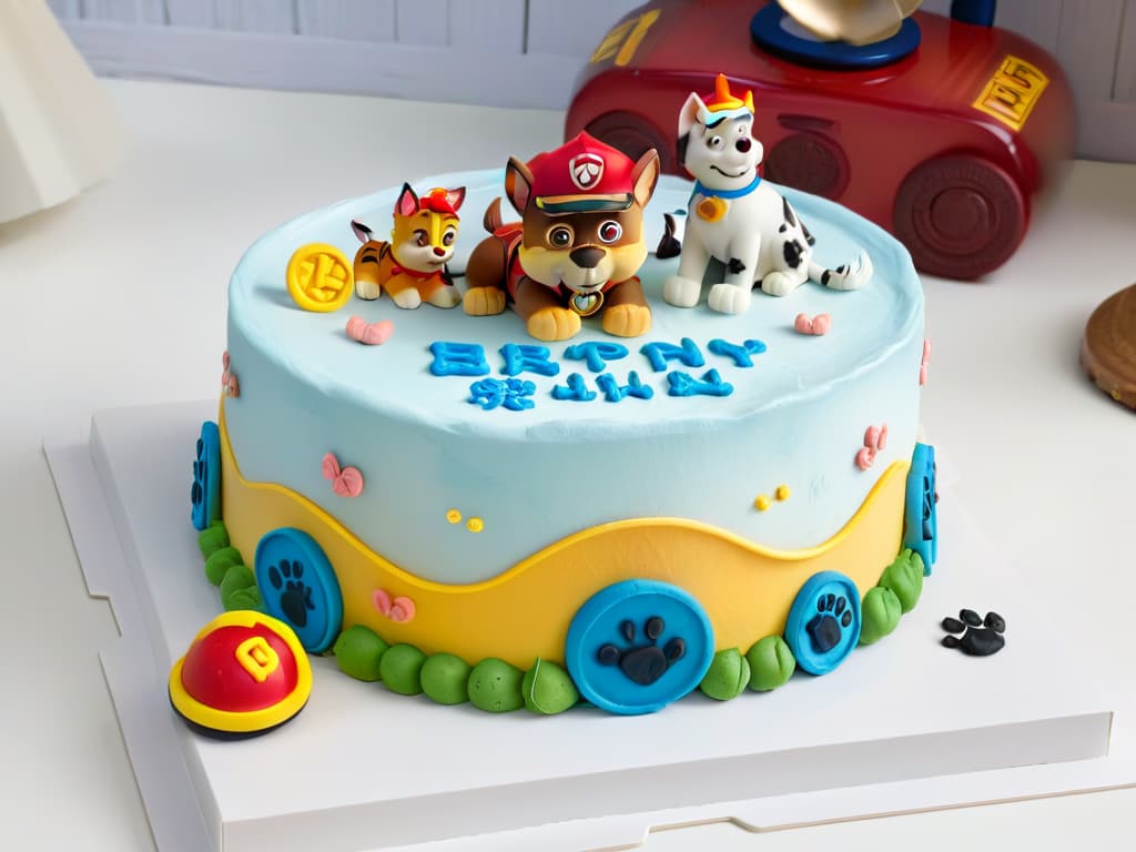  An ultradetailed image of a beautifully decorated Paw Patrol themed cake with intricate fondant figurines of Chase, Marshall, Skye, and Rubble, surrounded by colorful paw prints and bones, set against a clean white background to emphasize the intricate details and professional craftsmanship. hyperrealistic, full body, detailed clothing, highly detailed, cinematic lighting, stunningly beautiful, intricate, sharp focus, f/1. 8, 85mm, (centered image composition), (professionally color graded), ((bright soft diffused light)), volumetric fog, trending on instagram, trending on tumblr, HDR 4K, 8K