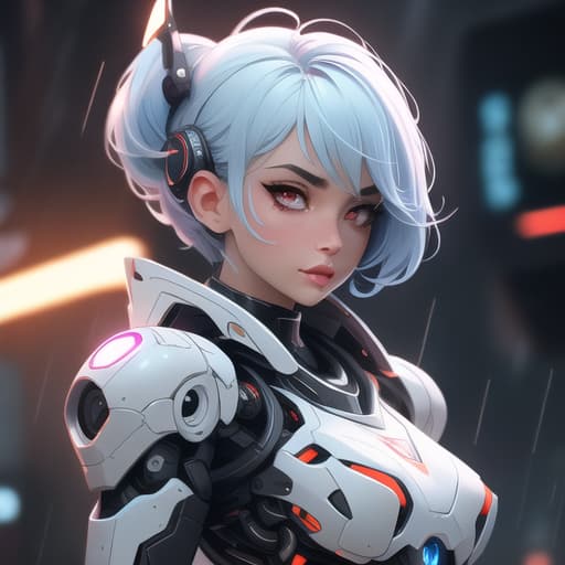  1boys,solo, breasts, looking at viewer, short hair, bangs, red eyes, closed mouth, blue hair, upper body, white hair, blurry, from side, lips, depth of field, blurry background, glowing, letterboxed, science fiction, rain, android, cyborg, robot joints, cyberpunk hyperrealistic, full body, detailed clothing, highly detailed, cinematic lighting, stunningly beautiful, intricate, sharp focus, f/1. 8, 85mm, (centered image composition), (professionally color graded), ((bright soft diffused light)), volumetric fog, trending on instagram, trending on tumblr, HDR 4K, 8K