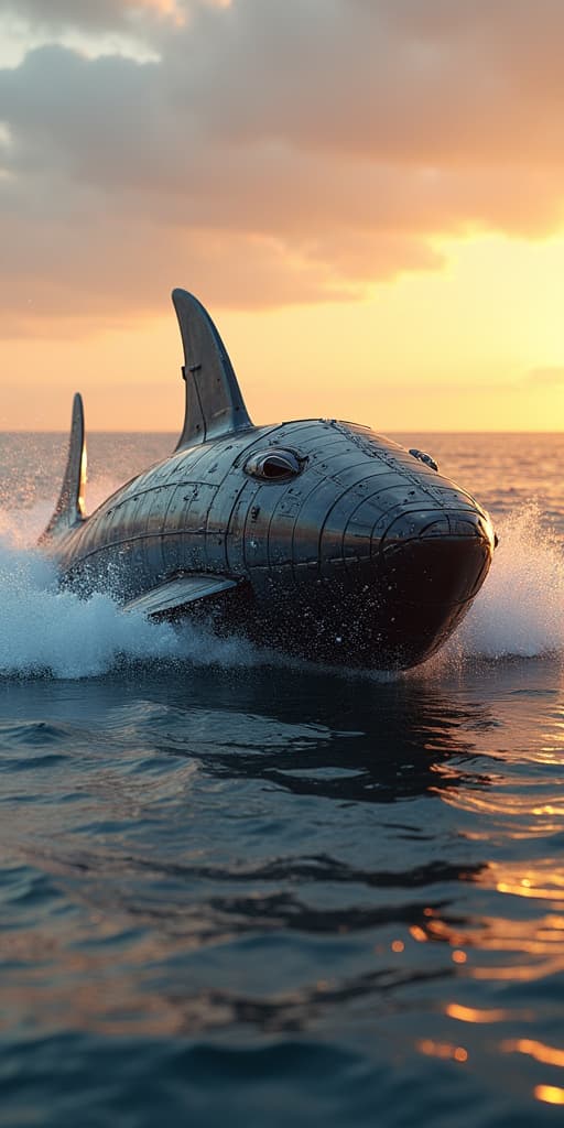  good quality, high quality, a hybrid metal futuristic creature between a killer whale and a speed boat, transformers, epic, mechanic, close up, sunset, highly detailed water, photorealistic,