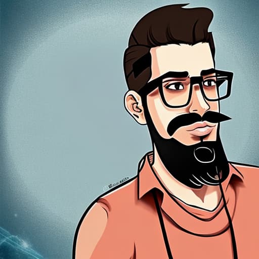  A Persian man with short brown curly hair with a short beard and 80's style glasses who is a game and anime streamer on social networks.