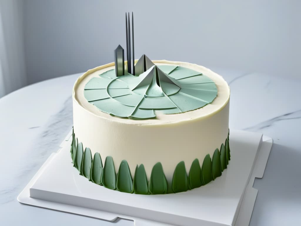  A minimalist, sleek image showcasing a cuttingedge cake design with intricate geometric patterns in monochromatic tones, set against a backdrop of a futuristic, gleaming kitchen. The cake is adorned with precisioncut fondant shapes resembling architectural elements, creating a visually striking and avantgarde dessert masterpiece that embodies the future of cake decoration trends. hyperrealistic, full body, detailed clothing, highly detailed, cinematic lighting, stunningly beautiful, intricate, sharp focus, f/1. 8, 85mm, (centered image composition), (professionally color graded), ((bright soft diffused light)), volumetric fog, trending on instagram, trending on tumblr, HDR 4K, 8K