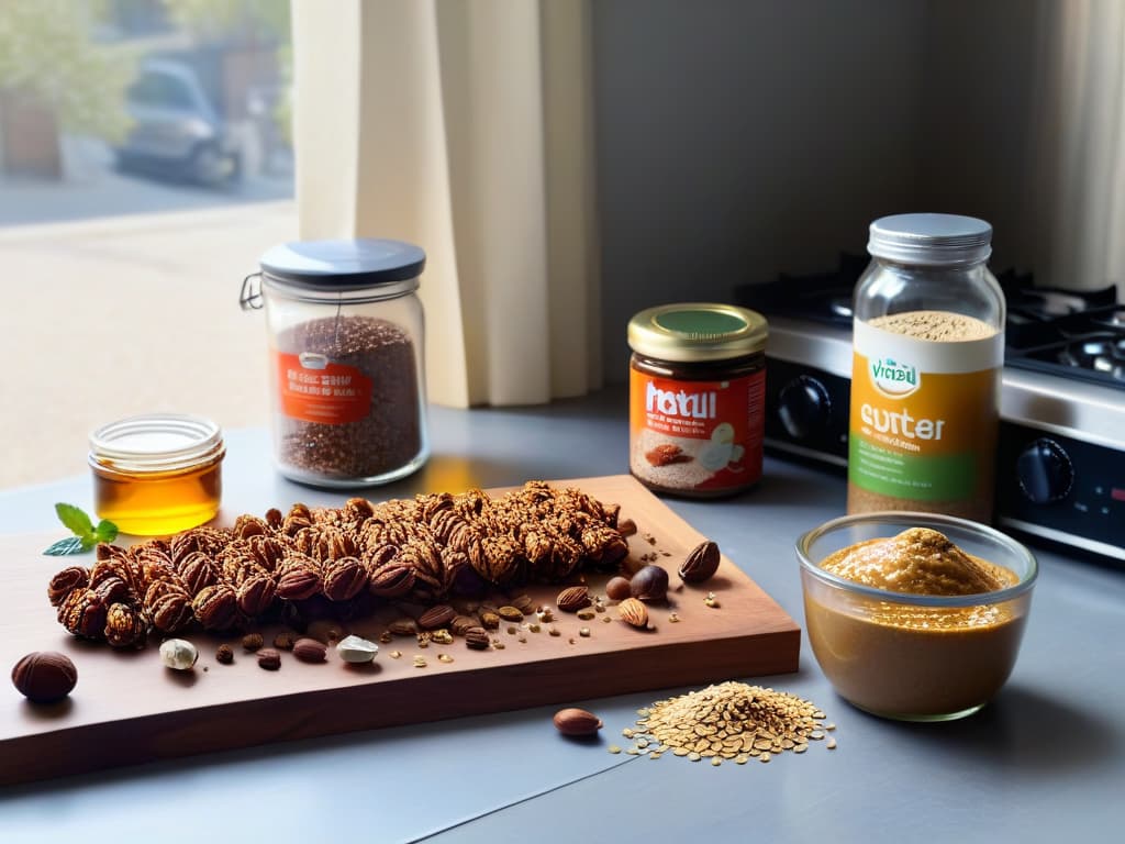  An image of a minimalist kitchen counter with neatly arranged ingredients for making vegan organic energy bars: a bowl of dates, a jar of almond butter, a pile of rolled oats, a bottle of maple syrup, a sprinkling of chia seeds, and a few scattered nuts. The soft natural light coming in from a nearby window highlights the textures of the ingredients and creates a serene, inviting atmosphere for the cooking process. hyperrealistic, full body, detailed clothing, highly detailed, cinematic lighting, stunningly beautiful, intricate, sharp focus, f/1. 8, 85mm, (centered image composition), (professionally color graded), ((bright soft diffused light)), volumetric fog, trending on instagram, trending on tumblr, HDR 4K, 8K