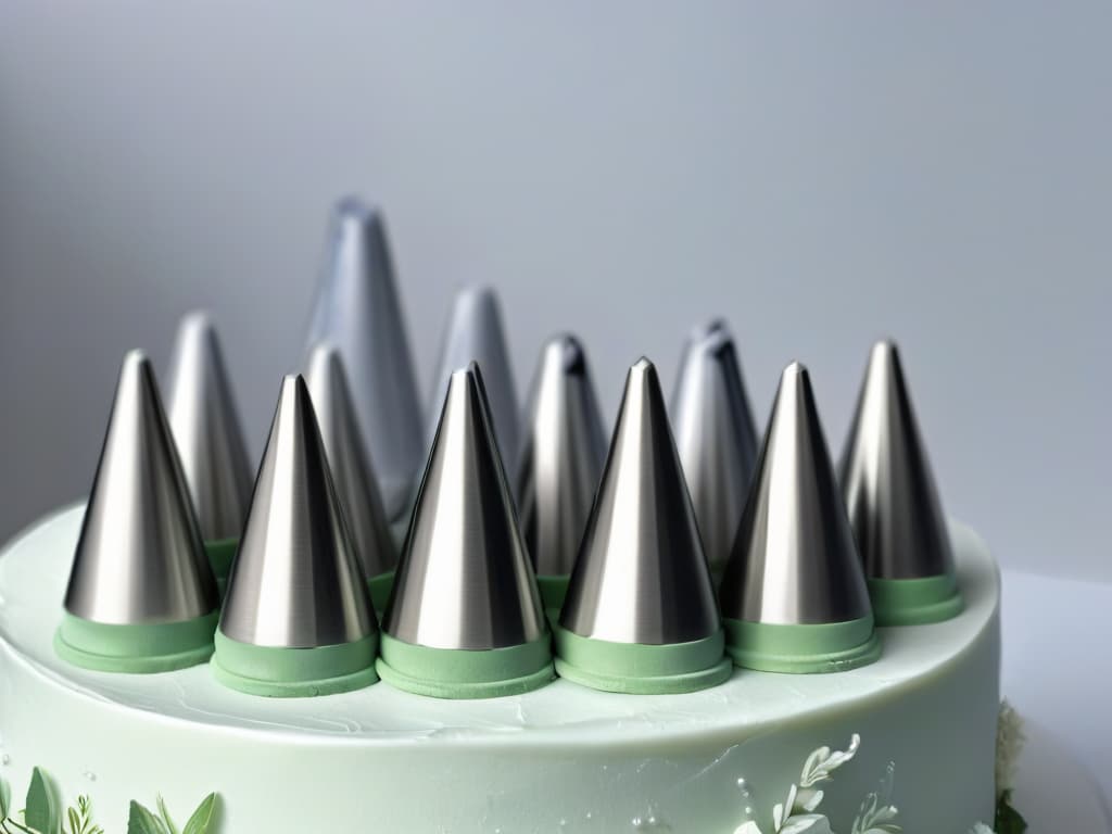  A closeup, ultradetailed image of an assortment of highquality stainless steel piping tips for cake decorating, neatly arranged on a sleek, white marble surface. Each tip is meticulously designed with intricate patterns and varying sizes, reflecting the precision and artistry involved in creating edible masterpieces with these tools. The image captures the sleek, modern aesthetic of the piping tips, with soft, diffused lighting enhancing the contours and textures, making them appear almost tactile and inviting. hyperrealistic, full body, detailed clothing, highly detailed, cinematic lighting, stunningly beautiful, intricate, sharp focus, f/1. 8, 85mm, (centered image composition), (professionally color graded), ((bright soft diffused light)), volumetric fog, trending on instagram, trending on tumblr, HDR 4K, 8K