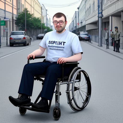  autistic russian guy in a wheelchair with cracked glasses and a shirt saying im in the special forces, the backround is an orphanadge，