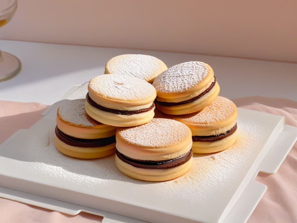  An ultradetailed, minimalist illustration of a decadent dulce de lechefilled alfajor, showcasing intricate layers of shortbread cookies sandwiching a generous dollop of creamy caramel, dusted with powdered sugar, set against a backdrop of subtle pastel hues to evoke a sense of traditional South American dessert craftsmanship. hyperrealistic, full body, detailed clothing, highly detailed, cinematic lighting, stunningly beautiful, intricate, sharp focus, f/1. 8, 85mm, (centered image composition), (professionally color graded), ((bright soft diffused light)), volumetric fog, trending on instagram, trending on tumblr, HDR 4K, 8K