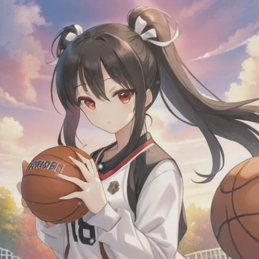  anime girl black hair bright dark brown eyes red and white basketball uniform with the number 18 and the name Nicky white and black shoes Have your hair in a medium high ponytail with two strands on the sides of your ears, have a basketball and look full body Pastel Palette, Da Vinci's Dreams, Picasso's , Sunrise Splendors, Floral Fantasy, Mystical Moonscapes, Urban Nature, Crystal Clear, Cinematic hyperrealistic, full body, detailed clothing, highly detailed, cinematic lighting, stunningly beautiful, intricate, sharp focus, f/1. 8, 85mm, (centered image composition), (professionally color graded), ((bright soft diffused light)), volumetric fog, trending on instagram, trending on tumblr, HDR 4K, 8K