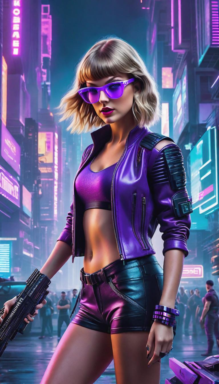  Cyberpunk style depiction of Taylor Swift in purple glasses . The scene is set in a world where technology has advanced, but society and human conditions have not, creating a gritty, dystopian atmosphere. hyperrealistic, full body, detailed clothing, highly detailed, cinematic lighting, stunningly beautiful, intricate, sharp focus, f/1. 8, 85mm, (centered image composition), (professionally color graded), ((bright soft diffused light)), volumetric fog, trending on instagram, trending on tumblr, HDR 4K, 8K