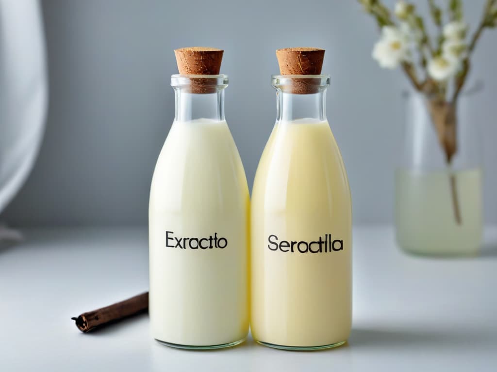  An ultradetailed image depicting two elegant glass bottles side by side, one labeled "Extracto de Vainilla Puro" with a single vanilla bean inside, and the other labeled "Imitación de Vainilla" with artificial vanilla pods. The background is a softfocus kitchen setting with natural light streaming in, showcasing the simplicity and purity of the ingredients. hyperrealistic, full body, detailed clothing, highly detailed, cinematic lighting, stunningly beautiful, intricate, sharp focus, f/1. 8, 85mm, (centered image composition), (professionally color graded), ((bright soft diffused light)), volumetric fog, trending on instagram, trending on tumblr, HDR 4K, 8K