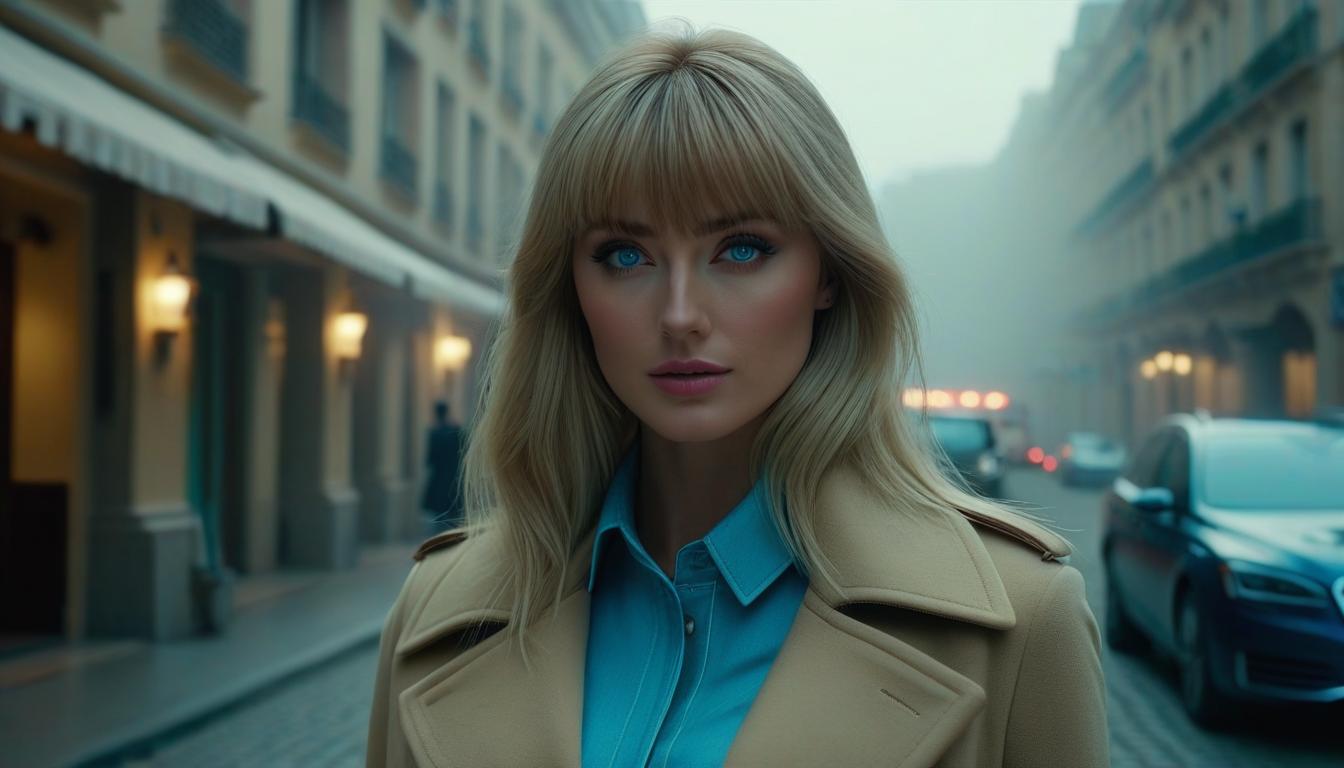  Blonde girl. with bangs. blue eyes. in a sandy coat. standing on the street at the entrance to a hotel. evening. back view. close up.full body.. evening..cinematic.Ultra realistic. 3D . Epic. high detail. perfect lighting. perfect contrast. perfect composition hyperrealistic, full body, detailed clothing, highly detailed, cinematic lighting, stunningly beautiful, intricate, sharp focus, f/1. 8, 85mm, (centered image composition), (professionally color graded), ((bright soft diffused light)), volumetric fog, trending on instagram, trending on tumblr, HDR 4K, 8K