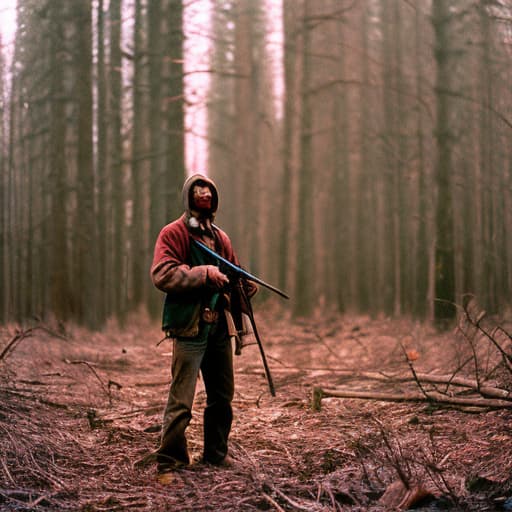 analog style A man in plain clothes holding a rifle, covered in blood, standing among dead robots in the middle of a woodland.