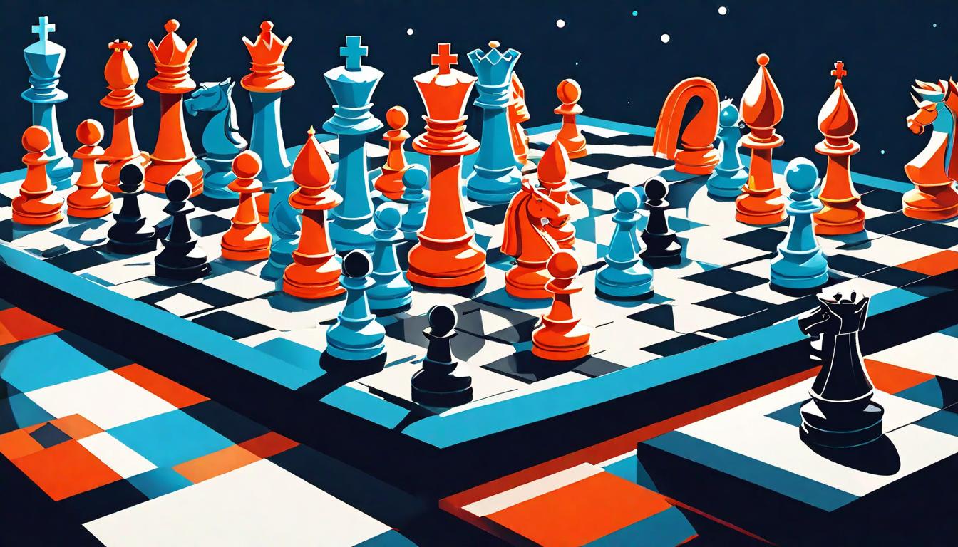  retro futuristic A chessboard from above, with pieces lit under a spotlight, strategic placement, enhanced decision making, confidence in every move, decisive clarity lvintage sci fi, 50s and 60s style, atomic age, vibrant, highly detailed