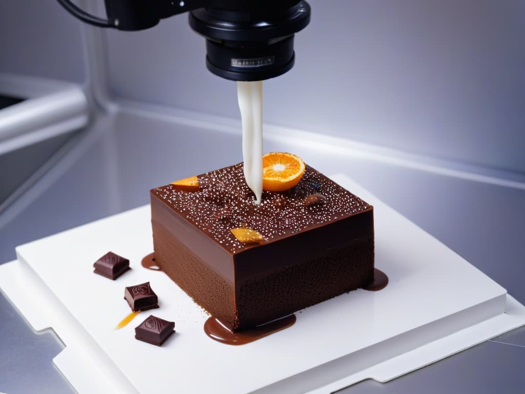  A highresolution, ultradetailed image showing a closeup of a 3D printer in action, delicately crafting intricate chocolate pieces in various artistic shapes and designs. The printer is sleek and modern, with a clean white design that contrasts beautifully with the rich, glossy texture of the melted chocolate being extruded. The image captures the precision and artistry of the printing process, highlighting the fusion of technology and culinary craftsmanship in creating these delectable works of art. hyperrealistic, full body, detailed clothing, highly detailed, cinematic lighting, stunningly beautiful, intricate, sharp focus, f/1. 8, 85mm, (centered image composition), (professionally color graded), ((bright soft diffused light)), volumetric fog, trending on instagram, trending on tumblr, HDR 4K, 8K