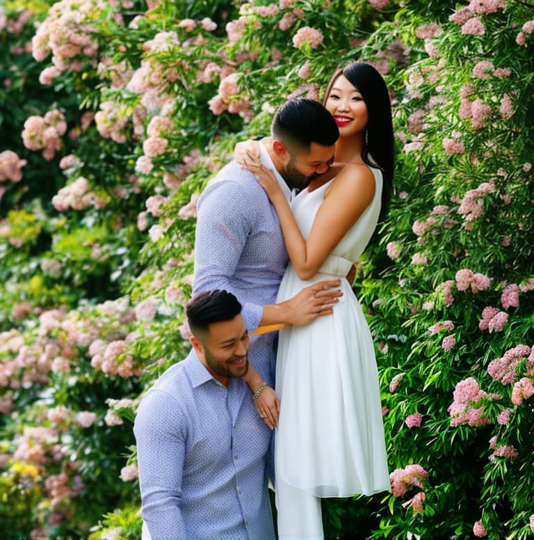 portrait+ style make a real full body photo of a beautiful woman an asian being hugged by a handsome man an asian from behind in a flower garden ￼ hyperrealistic, full body, detailed clothing, highly detailed, cinematic lighting, stunningly beautiful, intricate, sharp focus, f/1. 8, 85mm, (centered image composition), (professionally color graded), ((bright soft diffused light)), volumetric fog, trending on instagram, trending on tumblr, HDR 4K, 8K