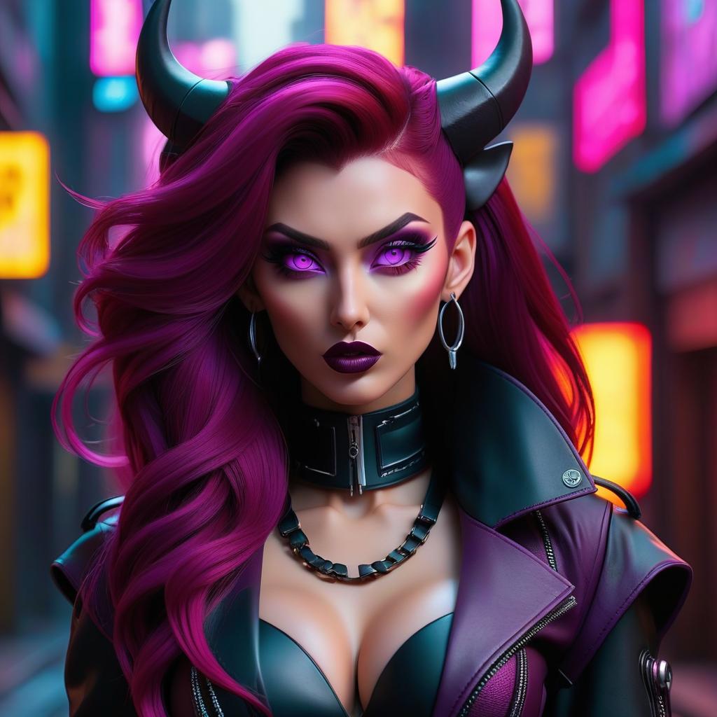  neonpunk style A European , a demon, black horns, a calm face, a split tongue, long burgundy hair, an interesting makeup, dark closed clothes, her s covered, small s, against the backdrop of hell. . cyberpunk, vaporwave, neon, vibes, vint, stunningly beautiful, crisp, detailed, sleek, ultramodern, magenta highlights, dark purple shadows, high contrast, cinematic, ultra detailed, intricate, professional hyperrealistic, full body, detailed clothing, highly detailed, cinematic lighting, stunningly beautiful, intricate, sharp focus, f/1. 8, 85mm, (centered image composition), (professionally color graded), ((bright soft diffused light)), volumetric fog, trending on instagram, trending on tumblr, HDR 4K, 8K