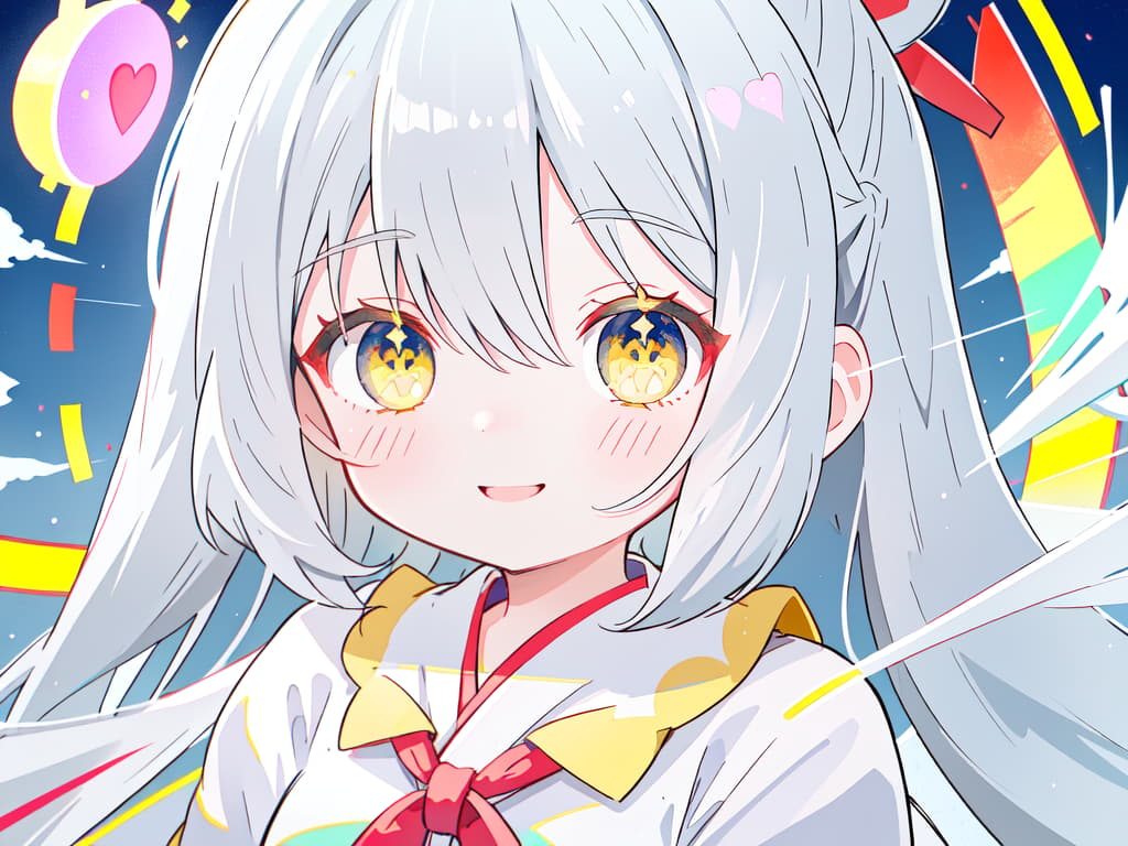  Gray hair girl, heart, shrine maiden, energy, upper body, smiling, heart plenty, colorful, hair strate, eye color yellow, cute, masterpiece, best quality,8k,ultra detailed,high resolution,an extremely delicate and beautiful,hyper detail