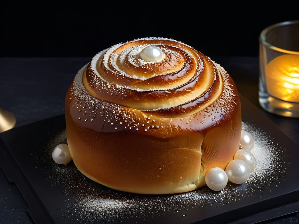  A closeup, highresolution image of a freshly baked brioche bun sprinkled with glistening sugar pearls, set on a sleek, matte black background. The focus is on the intricate texture of the golden crust and the way the sugar pearls delicately adhere to the surface, capturing the essence of indulgent sweetness and artisanal baking. hyperrealistic, full body, detailed clothing, highly detailed, cinematic lighting, stunningly beautiful, intricate, sharp focus, f/1. 8, 85mm, (centered image composition), (professionally color graded), ((bright soft diffused light)), volumetric fog, trending on instagram, trending on tumblr, HDR 4K, 8K