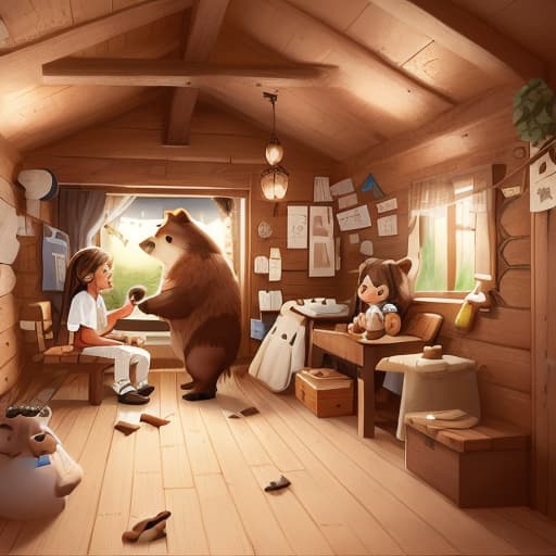  a boy with long brown hair, white shirt, brown pants and borwn shoes is sitting on a bench, in the cabin, a bear standing inside