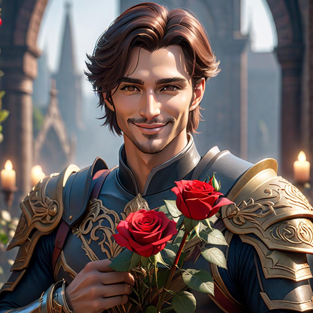  A paladin man looks at the viewer and smiles, holding a red rose close up, without a helmet, brunette. hyperrealistic, full body, detailed clothing, highly detailed, cinematic lighting, stunningly beautiful, intricate, sharp focus, f/1. 8, 85mm, (centered image composition), (professionally color graded), ((bright soft diffused light)), volumetric fog, trending on instagram, trending on tumblr, HDR 4K, 8K