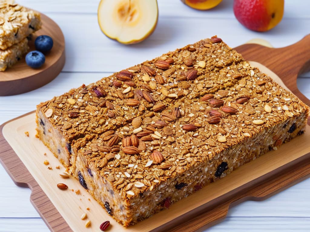  A minimalist image of a row of homemade energy bars neatly arranged on a wooden cutting board, showcasing their various textures and ingredients. The bars are different colors and shapes, with visible nuts, seeds, and dried fruits embedded in them. The soft natural light illuminates the scene, casting gentle shadows, and highlighting the wholesome and nutritious aspect of the snacks. hyperrealistic, full body, detailed clothing, highly detailed, cinematic lighting, stunningly beautiful, intricate, sharp focus, f/1. 8, 85mm, (centered image composition), (professionally color graded), ((bright soft diffused light)), volumetric fog, trending on instagram, trending on tumblr, HDR 4K, 8K