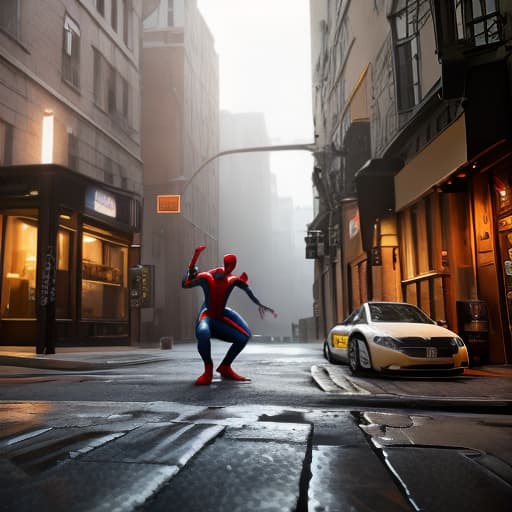 redshift style spider man flying in town hyperrealistic, full body, detailed clothing, highly detailed, cinematic lighting, stunningly beautiful, intricate, sharp focus, f/1. 8, 85mm, (centered image composition), (professionally color graded), ((bright soft diffused light)), volumetric fog, trending on instagram, trending on tumblr, HDR 4K, 8K