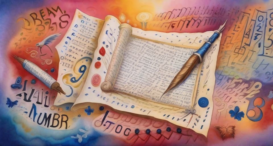  watercolor detailed painting, on paper, text on scroll with quill pen with dream like (((letters and numbers))) floating out and around, vivid colours, bright, cheerful and magical