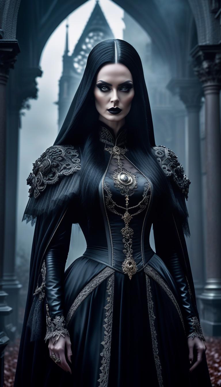  gothic style Alexander Murayev . dark, mysterious, haunting, dramatic, ornate, detailed hyperrealistic, full body, detailed clothing, highly detailed, cinematic lighting, stunningly beautiful, intricate, sharp focus, f/1. 8, 85mm, (centered image composition), (professionally color graded), ((bright soft diffused light)), volumetric fog, trending on instagram, trending on tumblr, HDR 4K, 8K