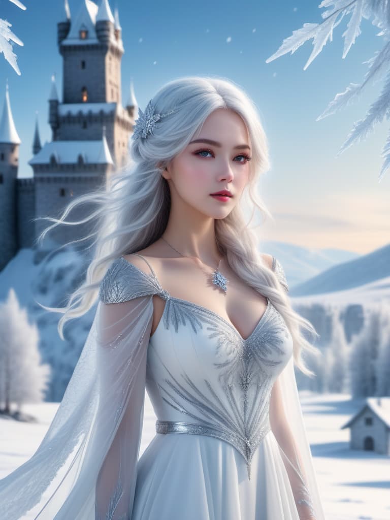  high quality, highly detailed, 8K Ultra HD, masterpiece, super realistic, beautiful of ice country, fantasy world, beautiful girl, Snow and ice crystals flutter down, snow spirit, a depiction of delicate hair, delicate skin, beautiful eyes, black eye, silver hair, white dress, necklace with gems, castle background, three dimensional effect, full body, enhanced beauty, Albert Anker, Feeling like John Howe, Greg Rutkowski, Artgerm, WLOP, Alphonse Beeple, luminism, 3d render, octane render, cinematic, Isometric, by yukisakura, awesome full color,, (3d render:1.25), realistic, dark, epic, (detailed:1.22), textured