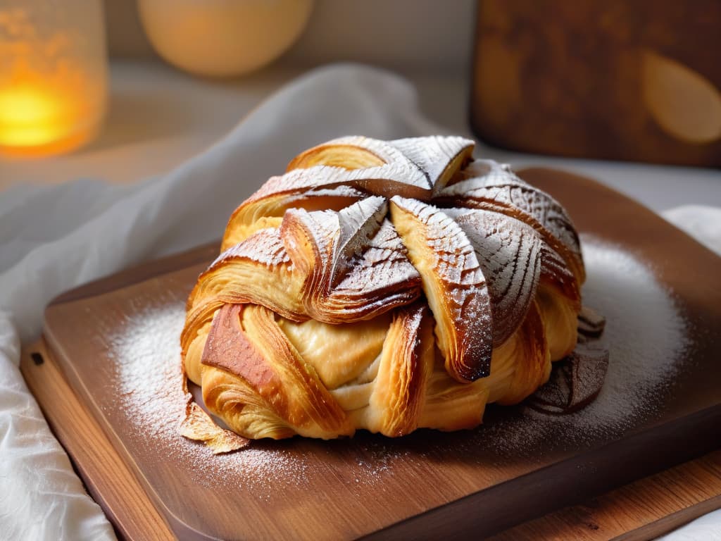  An ultracloseup, 8k image of a perfectly golden and flaky croissant, delicately dusted with powdered sugar, resting on a rustic wooden table. The layers of the croissant are visible in exquisite detail, showcasing the expert craftsmanship and skill that goes into creating this classic pastry. hyperrealistic, full body, detailed clothing, highly detailed, cinematic lighting, stunningly beautiful, intricate, sharp focus, f/1. 8, 85mm, (centered image composition), (professionally color graded), ((bright soft diffused light)), volumetric fog, trending on instagram, trending on tumblr, HDR 4K, 8K