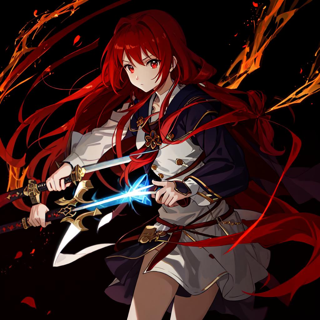  in an anime style, girl, beautiful, ancient clothing,red hair, holding twin swords,dark background with lightening