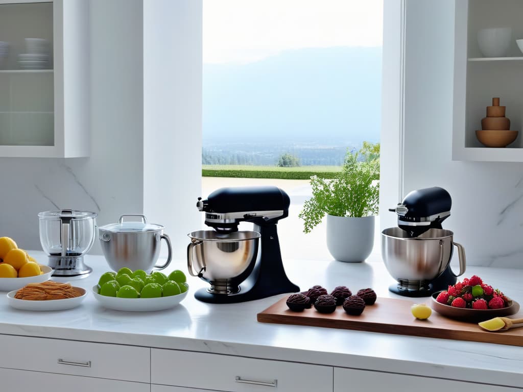  An ultradetailed image of a sleek, modern kitchen filled with an array of highend baking tools and ingredients meticulously organized on white marble countertops. The scene captures the soft natural light filtering through large windows, illuminating the space and creating a serene ambiance. In the center, a pristine stainless steel KitchenAid mixer stands ready for action, surrounded by bowls of vibrant berries, premium chocolates, and fragrant vanilla beans. The minimalist aesthetic highlights the precision and artistry that goes into crafting exquisite pastries, setting the stage for a transformative culinary experience. hyperrealistic, full body, detailed clothing, highly detailed, cinematic lighting, stunningly beautiful, intricate, sharp focus, f/1. 8, 85mm, (centered image composition), (professionally color graded), ((bright soft diffused light)), volumetric fog, trending on instagram, trending on tumblr, HDR 4K, 8K