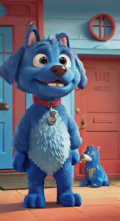  {Max the big blue dog standing in front of a cozy little house with a red door, The big blue dog is large with sky blue fur, big round eyes, a black nose, and floppy ears.